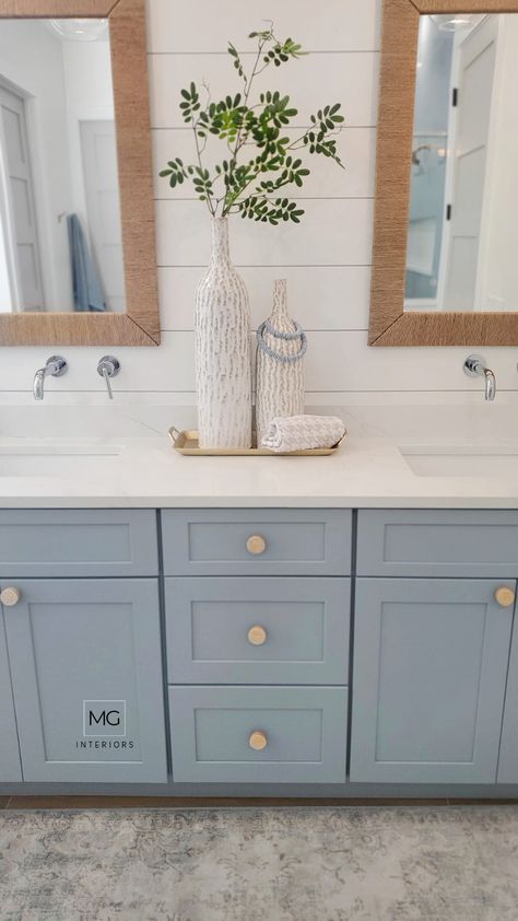 Light Blue Wainscoting Bathroom, Light Blue Cabinet Bathroom, Powder Blue Bathroom Vanity, Light Blue Walls Bathroom, Powder Blue Bathroom Ideas, Blue Bathroom Mood Board, Light Blue Bathroom Cabinets, Bathroom Paint Inspiration, Powder Blue Bathroom