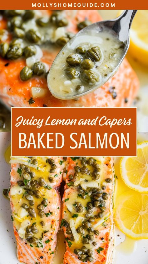 Indulge in the exquisite flavors of lemon and capers baked salmon with this easy and flavorful recipe. The succulent salmon fillets are perfectly seasoned and topped with a zesty mixture of lemon zest, garlic, and briny capers before being baked to perfection. This dish is not only healthy but also bursting with delicious flavors that will tantalize your taste buds. Salmon With Artichokes, Season Salmon Baked, Alaska Salmon Recipes, Ina Garten Salmon Recipes, Roast Salmon Oven, Crock Pot Salmon Recipes, Salmon Filets In Oven, Salmon Fillet Recipes Baked, Whole Salmon Recipes Baked