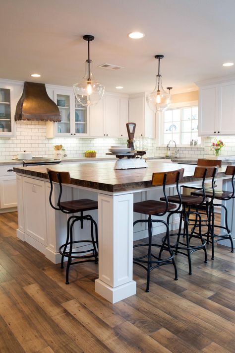 Benjamin Moore Revere Pewter. Life Is Just a Tire Swing: A Woodway, Texas Fixer-Upper | HGTV Kitchen Island Designs With Seating, Decor Ikea, Kitchen Island With Seating, Classic Kitchen, Island With Seating, Kitchen Island Design, Kitchen Redo, Trendy Kitchen, Kitchen Remodel Idea