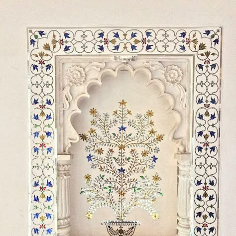 Glass inlay wall panel For orders contact 9414473436 Pietra Dura Design, Jharokha Wall Decor, Marble Inlay Floor, Mughal Flowers, Bad Room Design, Makeup Studio Decor, Painted Mirror Art, Textile Motifs, Mughal Miniature