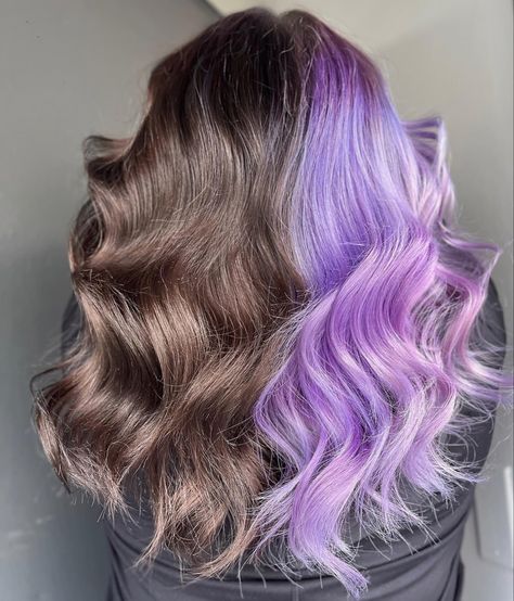 #haircolor #hair #haircut #hairstyle #hairstyles #hairstylist #balayage #hairdresser #hairgoals #beauty #blondehair #blonde #fashion #instahair #longhair #highlights #hairsalon #hairtransformation #behindthechair #style #makeup #haircare #salon #haircolorist #hairfashion #olaplex #ombre #hairoftheday #color #hairextensions Split Dyed Hair Blonde And Purple, Brown Purple Split Dye, Purple Blonde And Brown Hair, Brown And Purple Hair, Best Purple Hair Dye, Very Easy Makeup, Purple Hair Ideas, Split Dye Hair, Color Stripping Hair