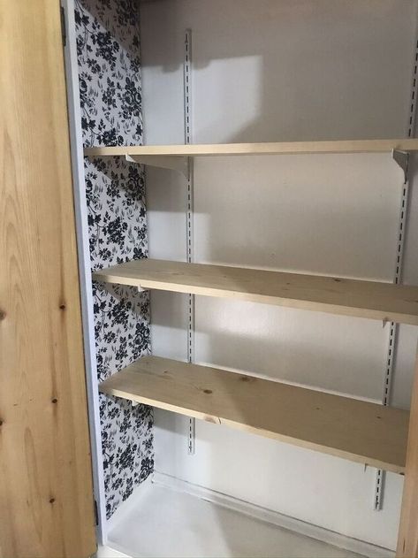 I transformed a broom closet into a functional pantry space with some easy shelves and cheap drawer liner! Read on to learn how... Before picture And here is what I started with.Since there is already a taller broom closet around the corner, I really wanted to use this space as a pantry! I found some very affordable metal shelving brackets and uprights at Lowes.The uprights set me back $10 and the brackets were $18. Next I had to measure and install the wall anchors for the u… Removable Pantry Shelving, Affordable Pantry Shelves, Track Shelving Pantry, Cheap Pantry Shelves, Easy Pantry Shelves, Cheap Shelving Ideas, Closet To Pantry Convert, Closet Turned Pantry, Cheap Shelving