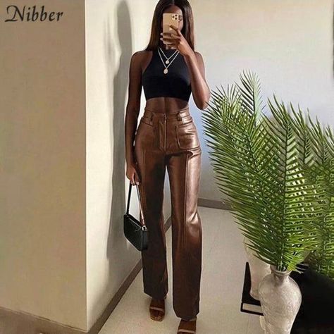 7bb060764a818184ebb1cc0d43d382aadesc41796818ri Outfit Elegantes, Leather Pants Women, Leather Pant, Straight Trousers, Faux Leather Pants, High Waisted Trousers, Women's Summer Fashion, Two Piece Dress, Straight Pants