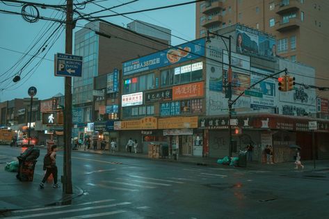 Street scene on a rainy night in Flushing, Queens, New York Flushing Queens, Queens New York, Rainy Night, Hotel Motel, White Car, Posters Framed, City Car, Street Scenes, Image House