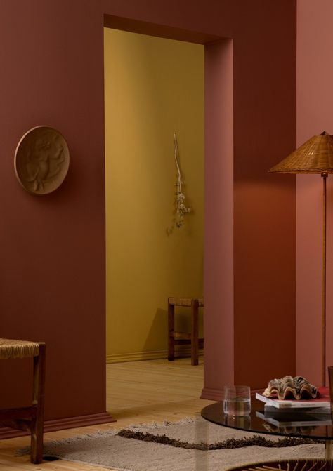 Ocre Wall Paint, Mustard Yellow Paint Walls, Dark Yellow Accent Wall, Mustard Paint Color Walls Living Rooms, Mustard Hallway, Mustard Accent Wall, Dark Yellow Paint, Mustard Yellow Interior, Yellow Accent Wall