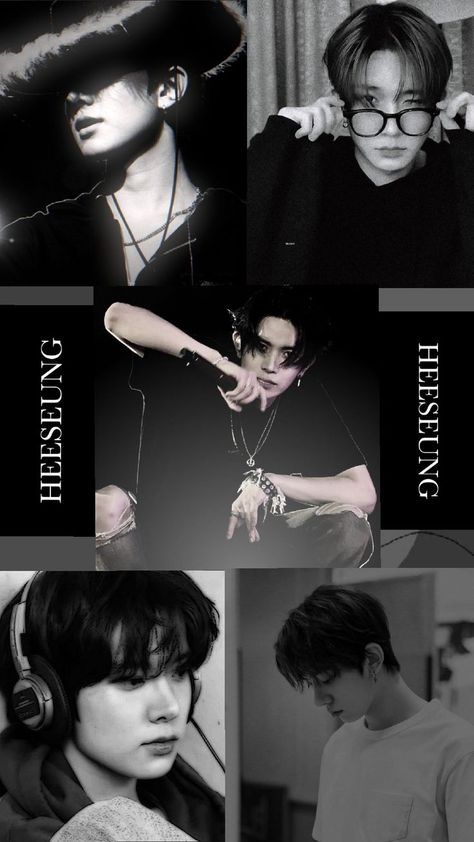 Heeseung Black Aesthetic, Heeseung Collage, Black Aesthetic Collage, Heeseung Black, Heeseung Aesthetic, Lee Heeseung, Aesthetic Collage, Screen Wallpaper, Kpop Wallpaper