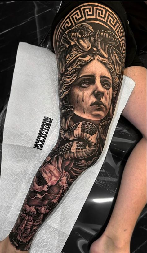 Greek Mythology Leg Tattoos, Greek Leg Sleeve, Versace Tattoo, Sparta Tattoo, Hannah Tattoo, Aztec Tattoos Sleeve, Jesus Tattoo Design, Aztec Tattoos, Greece Mythology