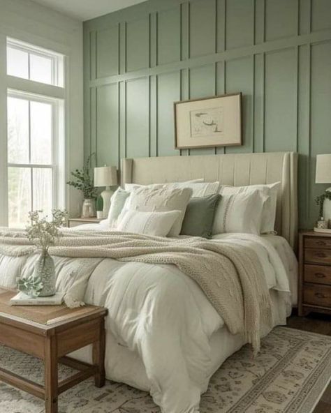 Green Paneling Bedroom, Batten Board Walls Bedroom, Master Accent Wall Ideas, Bedroom Board And Batten Wall, Board And Batten Wall Ideas, Batten Wall Ideas, Screen Flowers, Wainscoting Bedroom, Fall Bedroom Ideas