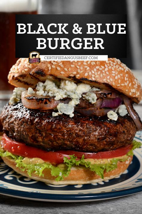 Angus Burger Recipe, Blue Cheese Hamburgers, Blue Cheese Smash Burger, Black And Bleu Burgers, Black And Blue Burger Recipe, Bacon Blue Cheese Burger, Blue Cheese Burger Recipes, Pub Sandwiches, Blue Cheese Burgers Recipes