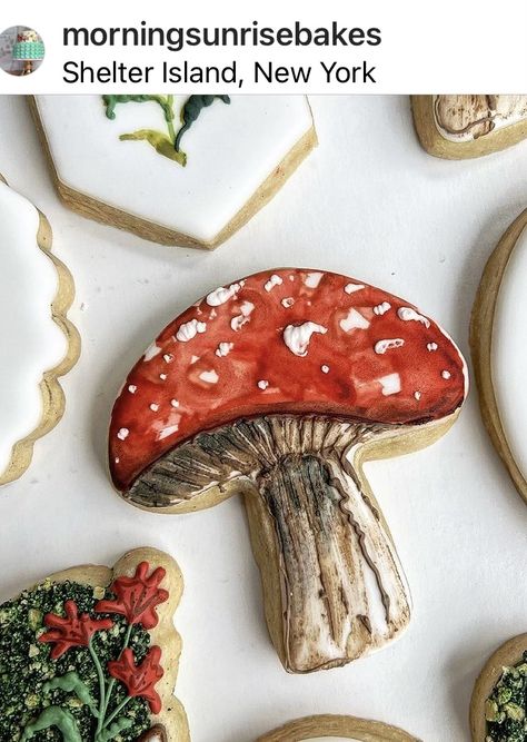 Mushroom Cookies Decorated, Mushroom Treats, Mushroom Sugar Cookies, Toadstool Ornaments, Woodland Cookies, Mushroom Cookie, Frog Cookies, Mushroom Cookies, Woodland Cake