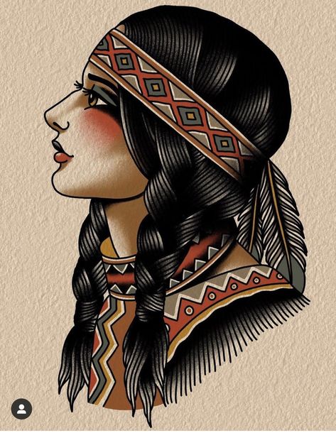 Traditional Tattoo Indian, Traditional Tattoo Illustration, Indian Girl Tattoos, Traditional Tattoo Woman, Traditional Tattoo Inspiration, American Traditional Tattoo Ideas, Traditional Tattoo Ideas, Aztec Tattoo Designs, Native Tattoos