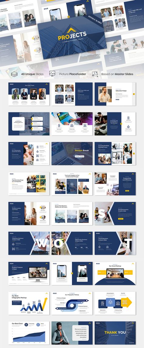 Projects - IT Company Google Slides Template is a google slides template that can be used for any type of presentation: Business, Portfolio, Company, Photography, Company Profile, Creative Agency, Costum Production, and can also be used for Portfolios. #technologygoogleslidesthemes Digital Marketing Company Profile, Company Profile Presentation Design, Creative Company Profile Design Layout, Company Portfolio Design, Company Profile Design Creative, Company Profile Design Layout, Technology Company Profile, Business Portfolio Template, Company Profile Design Templates