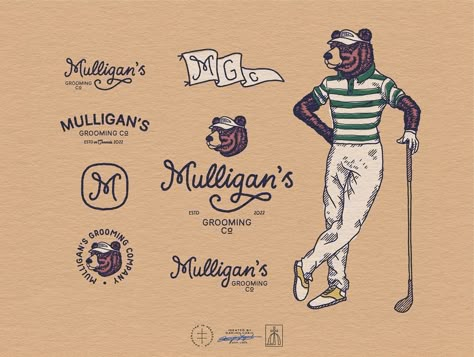 Mulligan's Grooming Co. Logo System by Coric Design on Dribbble Vintage Golf Logo, Golf Logo Design Ideas, Golf Logo Inspiration, Animal Logo Design Inspiration, Hand Drawn Logotype, Golf Logos, Golf Logo Design, Golf Club Logo, Logo System