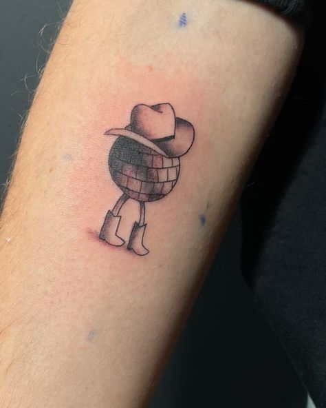 C O W G I R L 🪩 D I S C O . Little cowgirl🤠 disco ball 🪩 in black and grey. I adapted this design from just line work 🖊️to a semi realistic disco ball with a cowboy hat and cowboy boots . . Fun to make ideas into tattoos for clients and community to make a great tattoo . Thanks so much to Nicole for the opportunity and trust with this tattoo and understanding to make such a beautiful tattoo 🙏 . Done by : @jordan_f_inked 🖊️ At studio: @morethanhype 📍 . ✅For tattoo booking or enquiries DM @jor... Cowboy Head Tattoo, Boots Fun, Smiley Face Tattoo, Cowgirl Disco, Semi Realistic, Beautiful Tattoo, Head Tattoos, Line Work, Face Tattoo