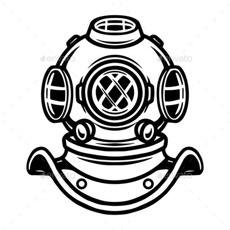 Diving Helmet Illustration, Old Diving Helmet, Interior Design Company Logo, Deep Sea Diver Art, Octopus Mermaid, Diver Art, Helmet Drawing, Nautical Logo, Helmet Tattoo