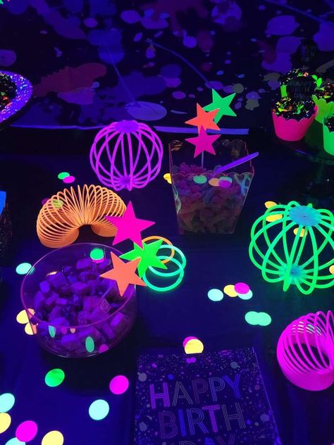 Let’s GLOW Birthday Party | CatchMyParty.com Glow Theme Party Games, Birthday Party Glow, Neon Glow Party Food, Neon Cowgirl Party, Glow Party Centerpieces, Aesthetic Glow In The Dark Party, Diy Glow Party Decorations, Neon Centerpieces Ideas, Glow Party Cake