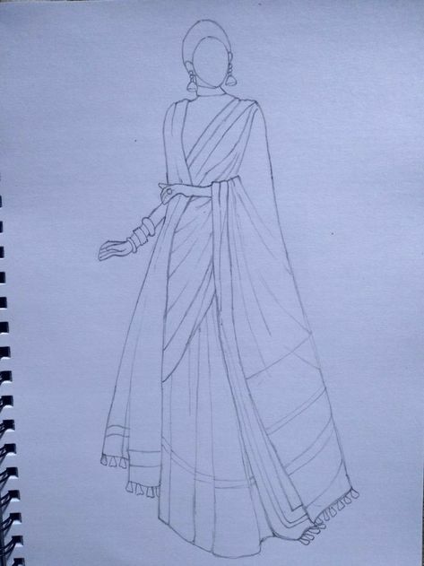 Saree Draping Illustration Sketches, Saree Flat Sketch, Indian Fashion Croquis, Saree Croquis, Dress Design Sketches Indian, Traditional Dress Sketch Illustrations, Indian Fashion Drawing, Sarees Illustration, Saree Illustration Fashion Sketch