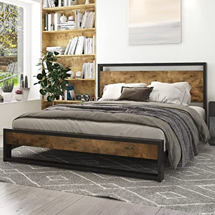 Amazon.com: IMUsee Full Size Platform Bed Frame with Wood Headboard and Metal Slats, Rustic Country Style, Strong Metal Slats Support, Easy Assembly : Home & Kitchen Rustic Platform Bed, Queen Size Metal Bed Frame, Queen Metal Bed, Full Size Platform Bed, Full Platform Bed, Full Size Bed Frame, Full Bed Frame, Wooden Headboard, Queen Size Bed Frames