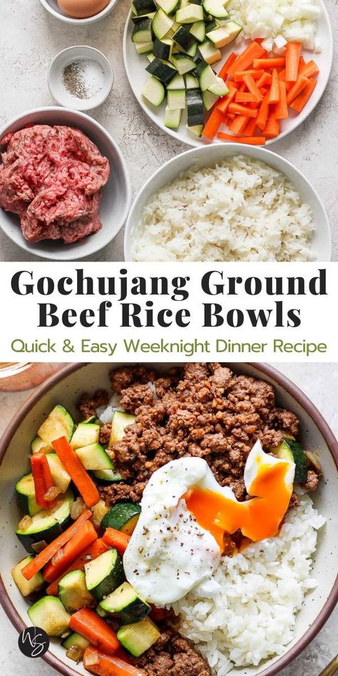 Our quick and easy Ground Beef Rice Bowl is a great option for those busy weeknights! Made with tender beef, fresh vegetables, and topped with a jammy egg. Can’t wait for you to try this healthy ground beef rice bowl! This recipe comes together in one bowl and ready in 30 minutes. It's gluten-free and dairy-free. Beef And Veggie Bowl, Beef Power Bowls, Gochujang Rice Bowl, Ground Beef Bowls Healthy, Ground Beef Rice Bowl, Beef And Cauliflower Rice, Curry Ground Beef, Beef Rice Bowl Recipe, Beef Rice Bowls