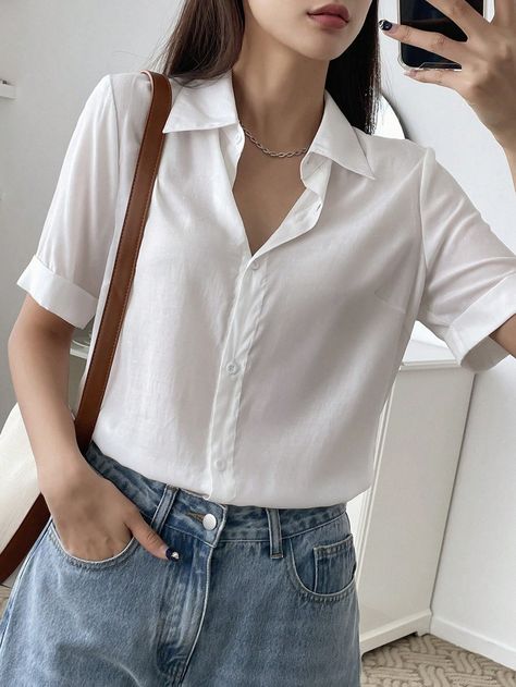 White Casual Collar Short Sleeve Woven Fabric Plain Shirt Embellished Non-Stretch Summer Women Clothing Polo Sleeve Outfit Women, White Short Sleeve Button Up Outfit, Open Shirt Outfit Women, White Collar Shirt Outfit, Half Sleeve Shirts Women, Collared Shirt Outfits, Sleeve Shirt Outfit, Button Down Outfit, Casual White Shirt