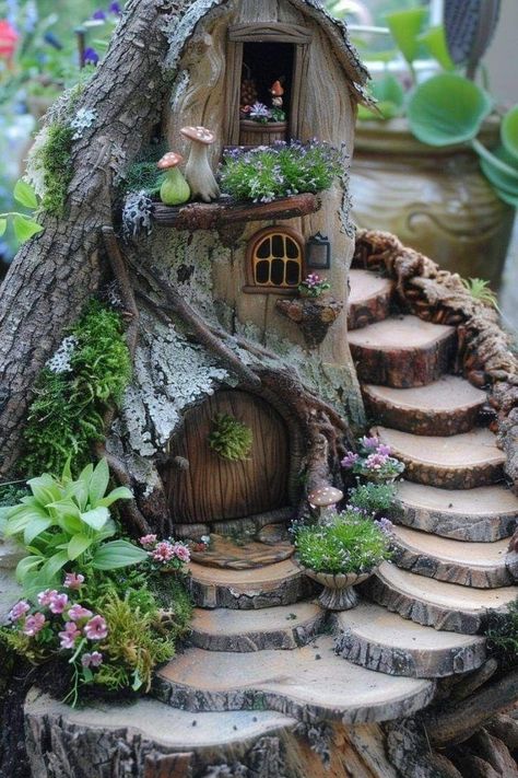 Gnome Trees, Fantasy Treehouse, Awesome Backyards, Fae Garden, Garden Corner Ideas, Fairy Woods, Tree Stump Decor, Gothic Dollhouse, Fairy Garden Ideas