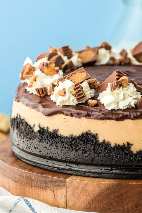 This Peanut Butter Chocolate Cheesecake recipe is a silky, peanut buttery dessert with an Oreo cookie crust and a rich chocolate ganache topping! Peanut Butter Marshmallow Cheesecake, Cheesecake And Chocolate Cake, Peanut Butter Chocolate Chip Cheesecake, French Silk Cheesecake, Peanut Butter Brownie Cheesecake, Buckeye Cheesecake, Pb Cheesecake, Peanut Butter Chocolate Cheesecake, Chocolate Ganache Topping