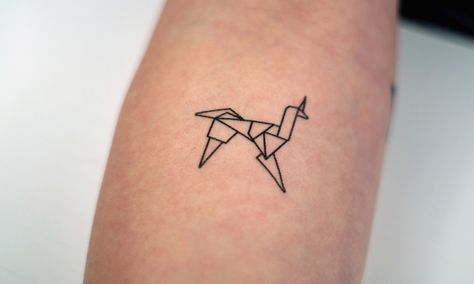 Origami Unicorn Tattoo, Runner Tattoo, Swan Tattoo, Black Line Tattoo, Origami Tattoo, Unicorn Tattoos, Space Tattoo, Horse Tattoo, Cyberpunk Art