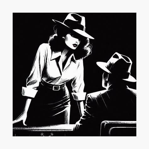 Get my art printed on awesome products. Support me at Redbubble #RBandME: https://www.redbubble.com/i/photographic-print/Noir-Crime-Noir-Woman-and-Detective-by-RESToRAPTOR/157688391.6Q0TX?asc=u Noir Pulp Art, 1940s Noir Aesthetic, Film Noir Detective Woman, 1920s Detective Woman, Old School Detective Aesthetic, 80s Detective Aesthetic, Old Detective Aesthetic, Detective Woman Aesthetic, Mysteries Aesthetic