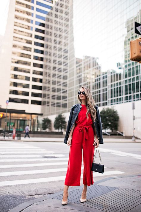 red jumpsuit and black leather jacket | merricksart.com Jumpsuit Outfit With Jacket, Red Jumpsuits Outfit, Anorak Jacket Outfit, Red Jumpsuits, Jumpsuit With Jacket, Jumpsuit Outfit Wedding, Outfits 2023 Fall, Black Leather Jacket Outfit, Red Outfits