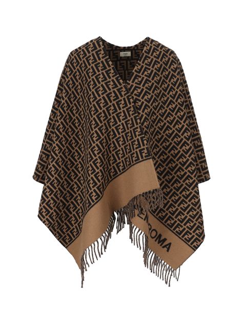 Fendi FF Jacquard Fringed Poncho – Cettire Fringed Poncho, Fashion Luxury, Luxury Brand, High Fashion, San Diego, Fendi, Cashmere, In Italy, Italy