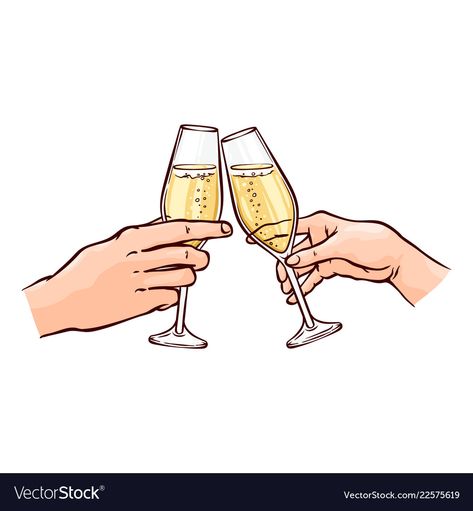 Hand Holding Champagne Glass Drawing, Hand Holding Wine Glass Drawing, Champagne Glasses Clinking, Bottle Drawing, Cheer Poses, New Year Illustration, Bff Tattoos, Sketch Style, Poor Posture