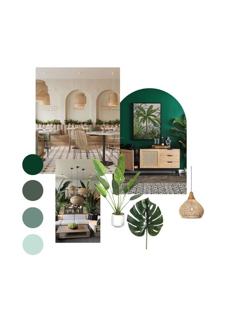 Cafe Moodboard Interior Design, Scandinavian Tropical Interior, Tropical Interior Moodboard, Tropical Theme Interior, Cafe Themes Interior Design, Tropical Scandinavian Interior, Cafe Mood Board Interior Design, Tropical Theme Restaurant, Bohemian Cafe Interior