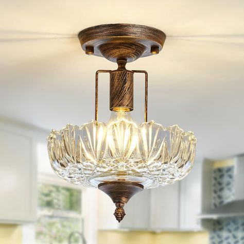 UOFUS Vintage Gold Semi Flush Mount Ceiling Light Fixture with Clear Glass Shade Flower Small Chandelier Brass Close to Ceiling Light for Hallway Entryway Bedroom Porch Foyer Corridor Kitchen - Amazon.com Small Bedroom Chandelier, Small Foyers, Home Foyer, Corridor Kitchen, Entryway Chandelier, Chandelier Brass, Chandelier Farmhouse, Bedroom Chandelier, Bedroom Porch