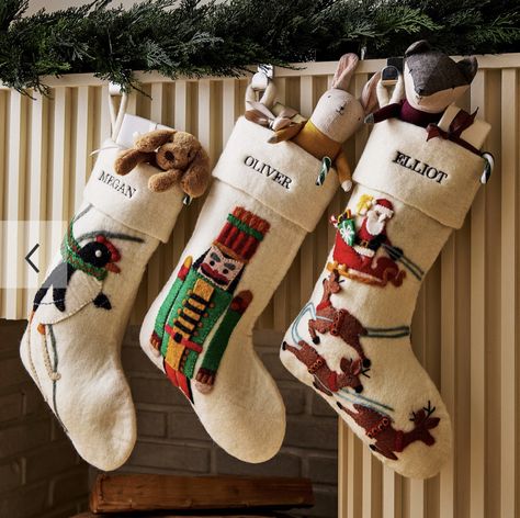 #christmasdecor #christmasornaments #westelm Christmas Stocking Name Tags Diy, Diy Felt Stocking, Homemade Christmas Stockings Ideas, Punch Needle Stocking, Felt Stockings Christmas Diy, Custom Stockings Christmas, Diy Christmas Stockings Ideas, Felt Nutcracker, Stocking Decorating Ideas