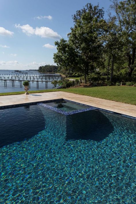 StoneScapes Touch of Glass Tahoe Blue | NPT Pool Finishes Dark Blue Pool Water, Pebble Pool Finish, Relaxing Pool, Backyard Ideas For Small Yards, Pool Finishes, Small Yards, Green Mosaic, Glass Pool, River View