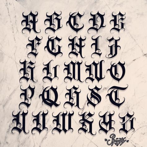 Gothic Alphabet by @spookyletters on instagram Different Tattoo Lettering Styles, Cholo Style Letters, Dark Lettering Tattoo Fonts, Gang Letters, Gothic Lettering Tattoo, Lettering Cholo, Blackletter Tattoo, Lettering Tattoo Ideas, Tatto Letters