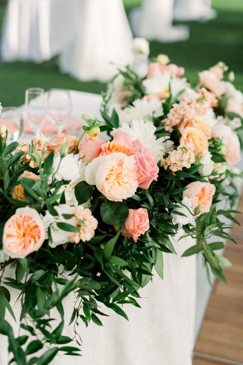 Wedding Florals Arch, Blush And Coral Wedding, Blush Coral Wedding, Wax Flower Wedding, Peach Centerpiece Wedding, Garden Beach Wedding, Blush And Peach Wedding Flowers, Peach And White Wedding Flowers, Pink And Peach Wedding Flowers