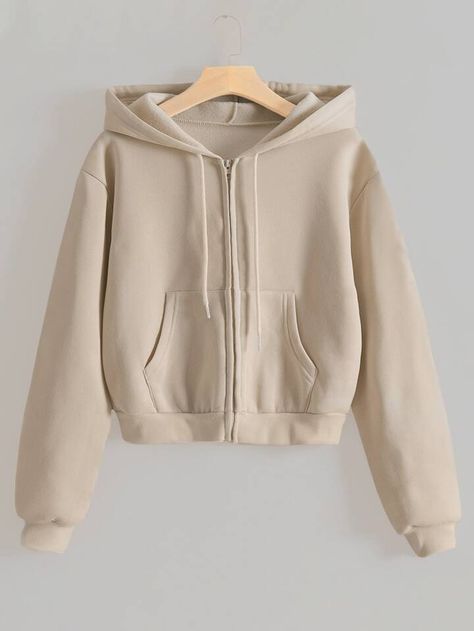 Free Returns ✓ Free Shipping✓. Zip Up Drop Shoulder Drawstring Thermal Lined Crop Hoodie- undefined at SHEIN. Crop Pullover, Thermal Hoodie, Women Sweatshirts, Shein Outfits, Khaki Fashion, Crop Hoodie, Winter Hoodies, Simple Trendy Outfits, Zip Up Hoodies