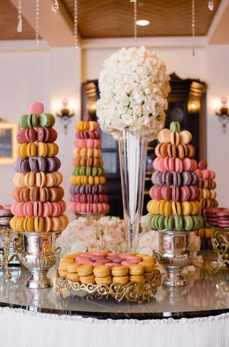 Glam Macaron Tower Ways to Serve Macarons | Display Macarons | Cute Ideas to Present Macarons | Afternoon Tea | High Tea | Birthday Parties | Dessert Buffet | Party Favors | Weddings | Macaron Towers Macarons Tower, Wedding Macarons, Parisian Party, Colin Cowie, Macaron Tower, Opulent Wedding, Les Macarons, Macaron Cake, Birthday Party Desserts