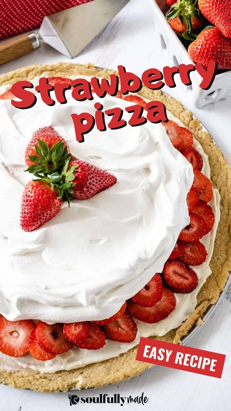 This Strawberry Pizza has a buttery sugar cookie crust, sweet cream cheese filling, fresh juicy sliced strawberries, and topped with creamy whipped topping. This delicious sweet treat is always a big hit and devoured anytime it is served. Dessert Pizza Crust Recipe, Strawberry Pizza Dessert Easy, Strawberry Dessert Pizza, Strawberry Pizza Dessert, Sugar Cookie Strawberry Pizza, Strawberry Pizza With Sugar Cookie Crust, Strawberry Pizza Recipe, Sugar Cookie Dough For Fruit Pizza, Easy Dessert Pizza