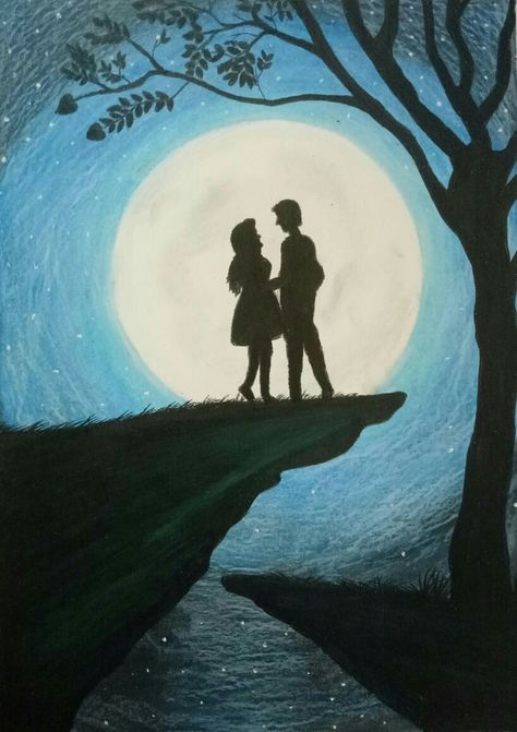 Night view with full moon Unframed - $5 Night View Drawing, Siluet Art, Chrysanthemum Tattoo, Couples Poster, Moonlight Painting, Couple Sketch, Color Drawing Art, Romantic Paintings, Color Drawing