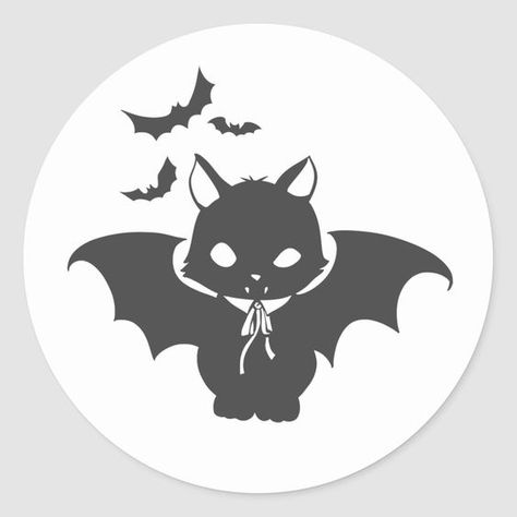 Vampire cat Classic Round Sticker Vampire Cat Drawing, Vampire Cat Tattoo, Monster Symbol, Halloween Cats Art, Cloak Drawing, Vampire Cats, Cat Doodle Art, Cat Vampire, Drawing Night