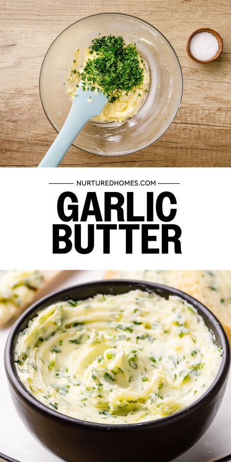 I love making this easy (and super addictive) garlic butter recipe! All you need is some butter, salt, garlic and parsley. Butter Recipes Homemade, Make Garlic Butter, Toasted Baguette, Homemade Garlic Butter, Garlic Scapes, Flavored Butter, Rosemary Garlic, Cinnamon Butter, Steak Butter