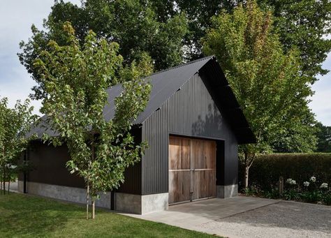 Macedon Ranges Home by Adam Kane Architects | est living Barn Door Garage, Modern Sheds, Black Barn Door, Farm Shed, Modern Shed, Pole Barns, Barn Garage, Black Barn, Barns Sheds