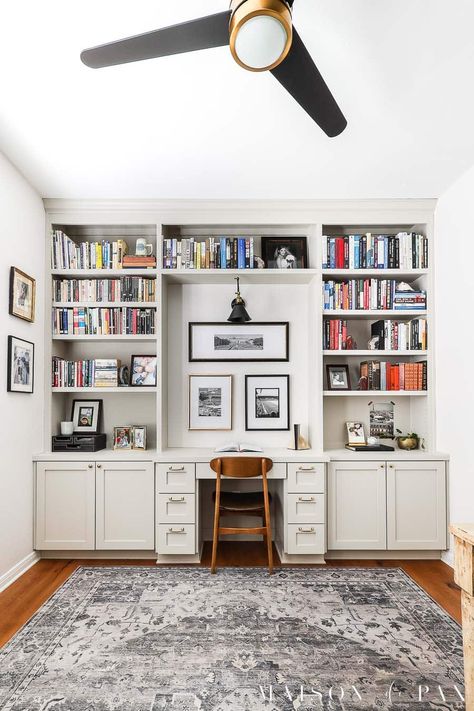 Bookshelf On Top Of Desk, Built In Bookshelves With Desk Diy, Ikea Library Wall With Desk, Built In Bookshelves With Desk Bedroom, Build In Bookshelves With Desk, Built In Shelf With Desk, Bookshelf With Built In Desk, Midcentury Built In Desk, Dining Room Built Ins With Desk