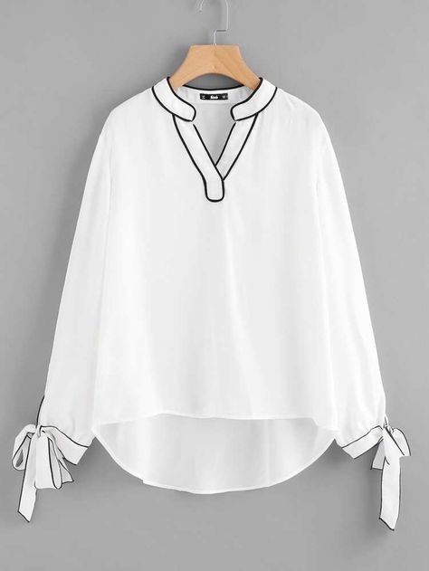 Tipping Detail Bow Tie Cuff Blouse | SHEIN USA Tie Cuff Blouse, Áo Blu, Girly Tops, Bow Tie Top, Tie Top, White Blouse, Ladies Tops Fashion, Kurti Designs, Fashion Tops