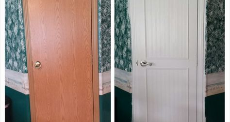 before and after interior door makeover. could also use on cabinet doors Updating Interior Doors Diy, Door Makeover Diy Interiors, Mobile Home Interior, Update Interior Doors, Before And After Interior, Interior Door Makeover, Mobile Home Redo, Mobile Home Doors, Mobile Home Bathrooms