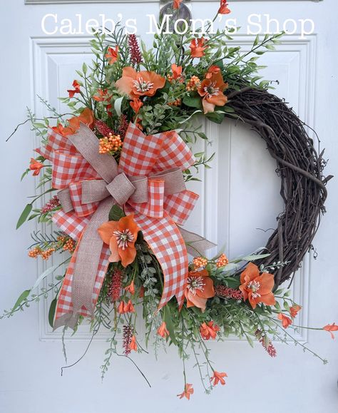 Orange Floral Grapevine Wreath for Front Door Colorful Fall Home Decor for Outdoor Porch or Indoor Office Wall Hanger Unique Wreath, Floral Grapevine, Orange Lavender, Lenten Rose, Rose Bushes, Rose Bush, Outdoor Porch, Handmade Bows, Autumn Home