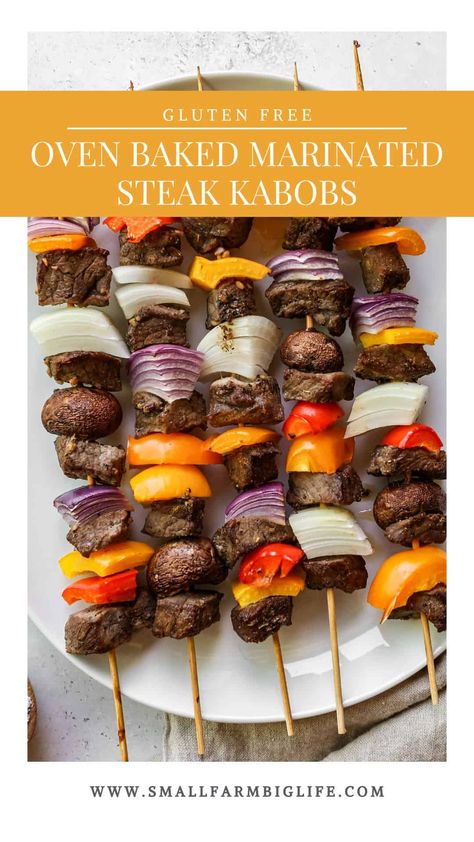 This easy recipe for oven baked marinated steak kabobs makes a quick dinner that can be prepped ahead. I like to use beef steak and lots of veggies on each skewer. I marinade the steak at least two hours and then alternate steak and vegetables on each kebab. Beef Kabobs In Oven, Marinated Steak Kabobs, Oven Baked Steak, Steak And Vegetables, Dinner For Four, Simple Gluten Free Recipes, Grilled Kabob Recipes, Steak Kebabs, Woman Cooking