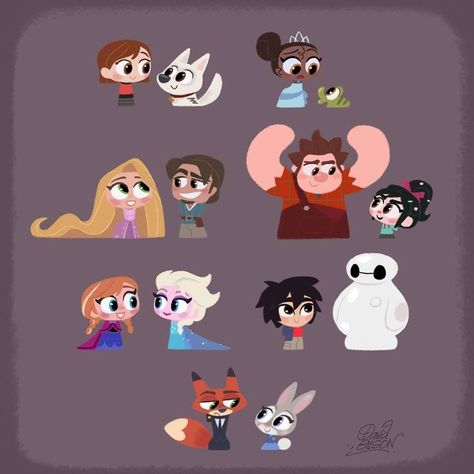 From left to right and top down : Penny & Bolt ("Bolt"), Tiana & Naveen ("The Princess and the Frog"), Rapunzel & Eugene ("Tangled"), Ralph & Vanellope ("Wreck-it Ralph"), Anna & Elsa ("Frozen"), Hiro & Baymax ("Big Hero 6" to be released next November in US), Nick & Judy ("Zootopia", 2016). Chibi Disney, Disney Amor, Disney Mignon, Classroom Diy, Pocket Princesses, Animation Disney, Kawaii Disney, Character Pictures, Karakter Disney